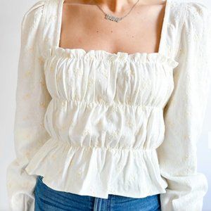 NWT XS EMMIE RUCHED EMBROIDERED DENIM TOP By En Saison